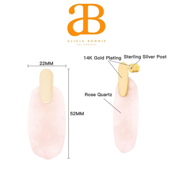 Alicia Bonnie Cathy Rose Quartz Gemstone Oval Drop Earrings, 14K Gold Plated - Picture 6 of 6